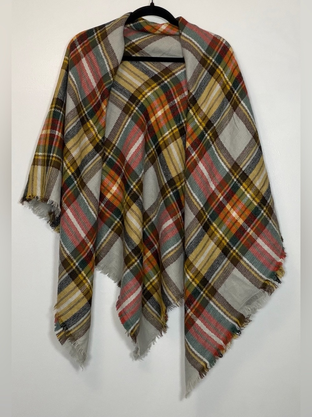Plaid Fringe Wrap Shawl in Gray with Green, Mustard & Coral Accents